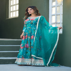 Premium Designer Floral Printed Taby Silk Readymade Gown with Net Dupatta